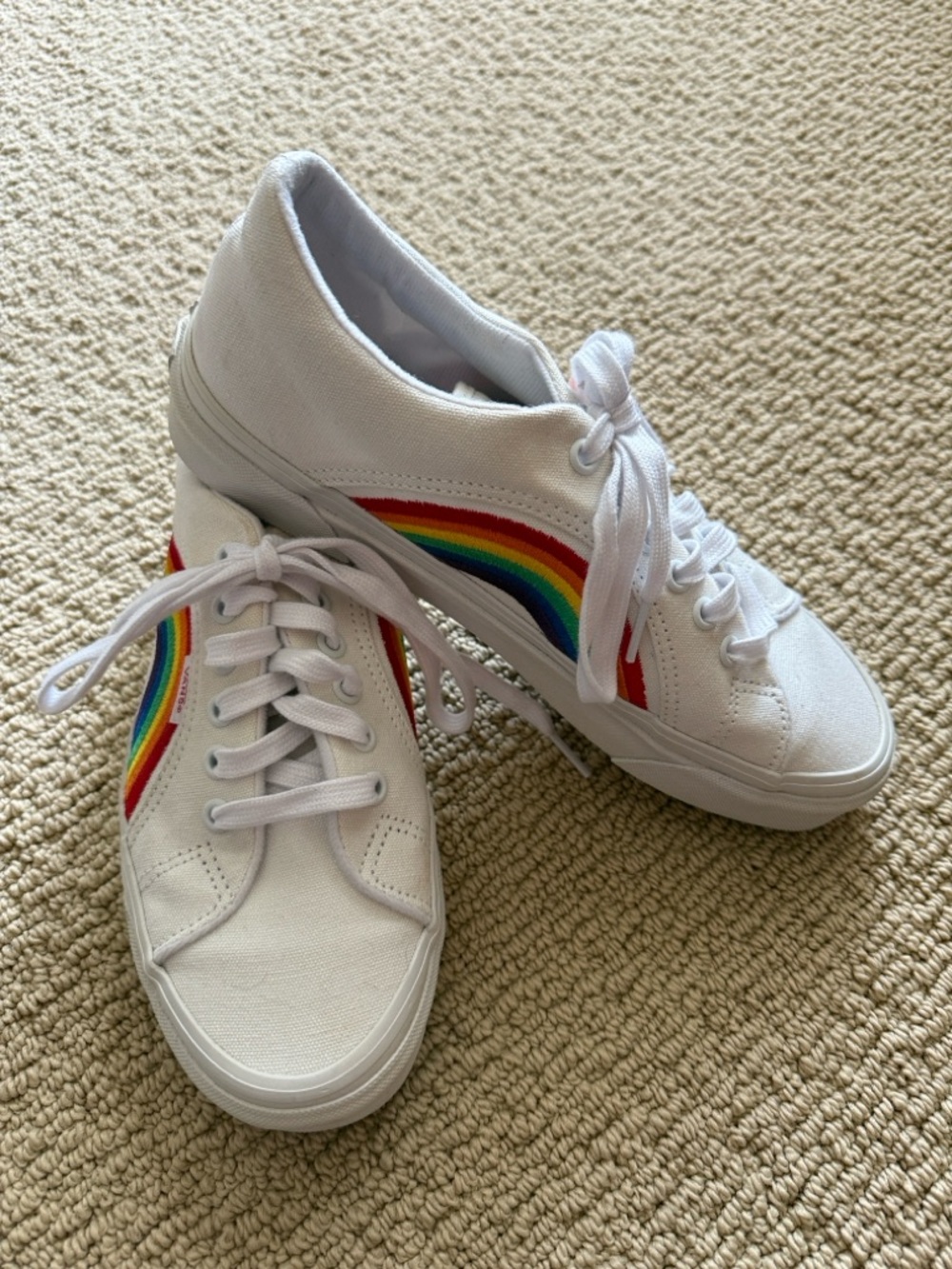 New Vans White Canvas Sneakers with Rainbow Stripe